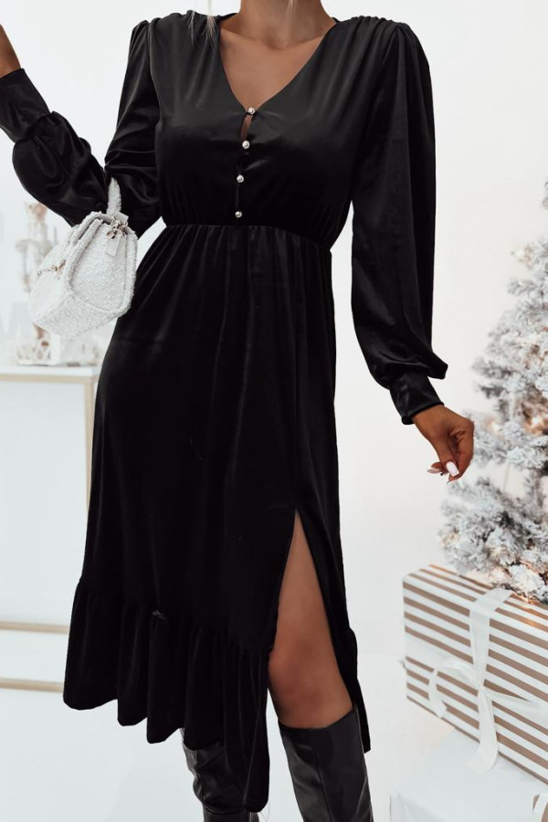 Czarna welurowa sukienka midi z rozcięciem na nogę Winter 1