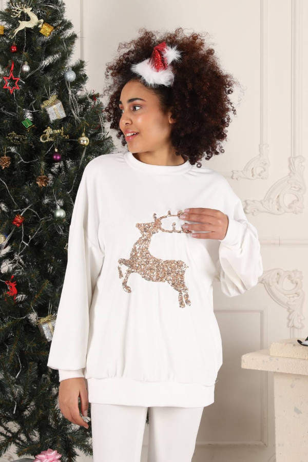 Oversizowa bluza ecru z cekinowym reniferem Reindeer 7