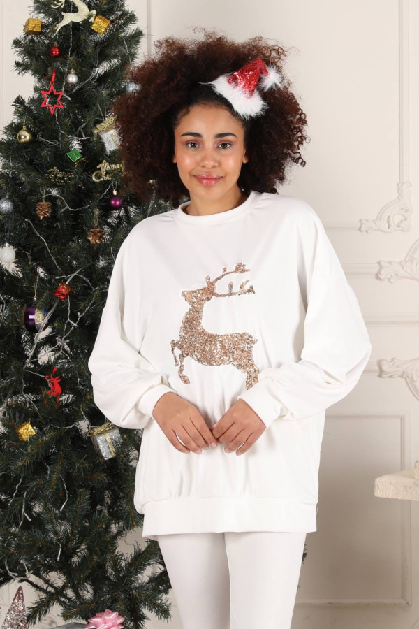 Oversizowa bluza ecru z cekinowym reniferem Reindeer 3