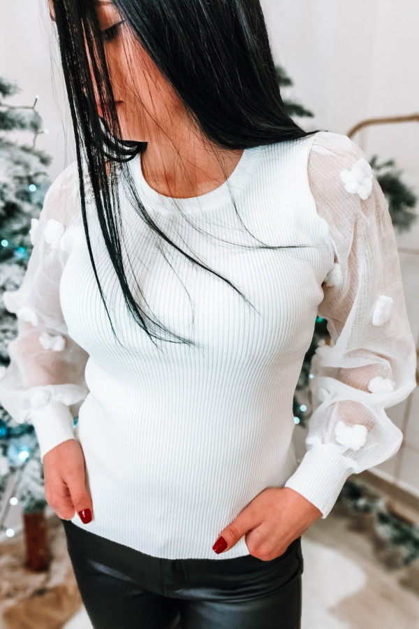 Biały sweter z ozdobnymi tiulowymi rękawami Hessi 10