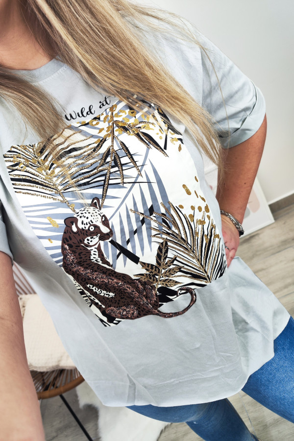 Szary t-shirt 3D z lampartem Leopards` party