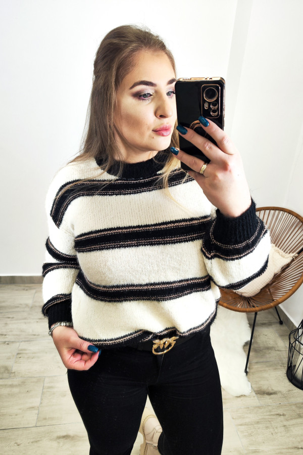 Sweter w kremowo-czarne pasy ze złotą nitką Amadi 2