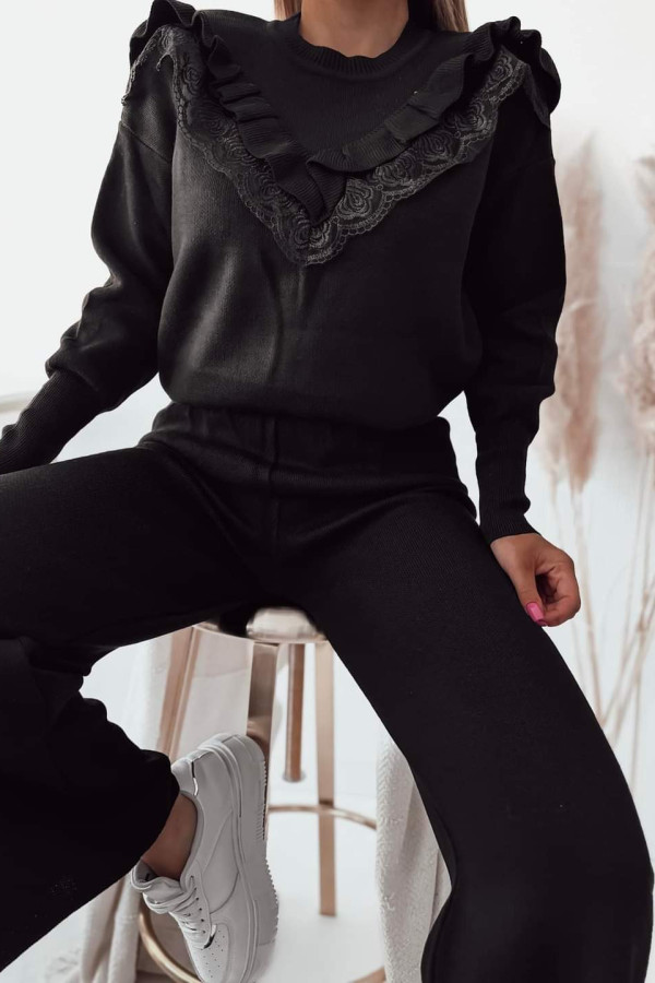 Komplet czarny dzianinowy sweterek + spodnie z szeroką nogawką Jeanette