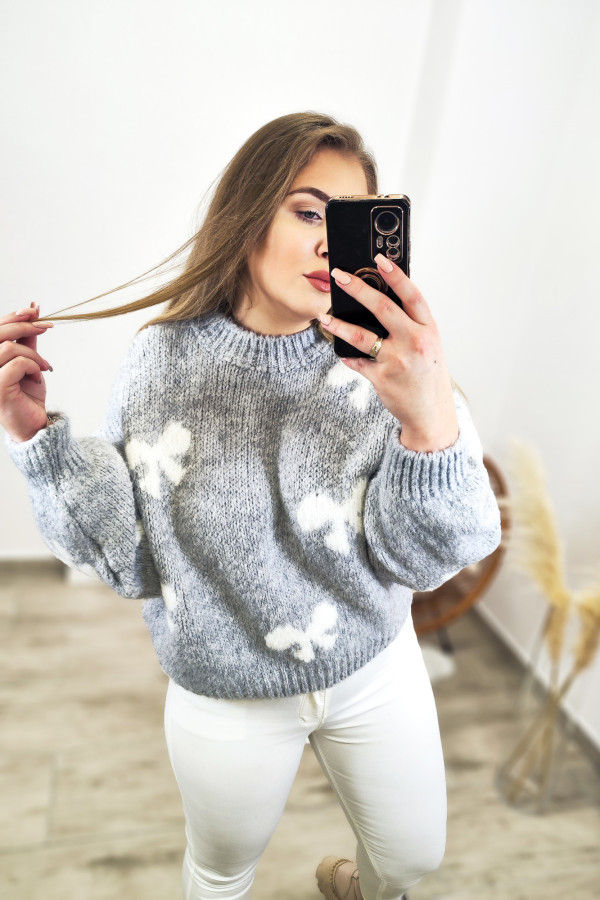Szary sweter w białe kokardki Lucy