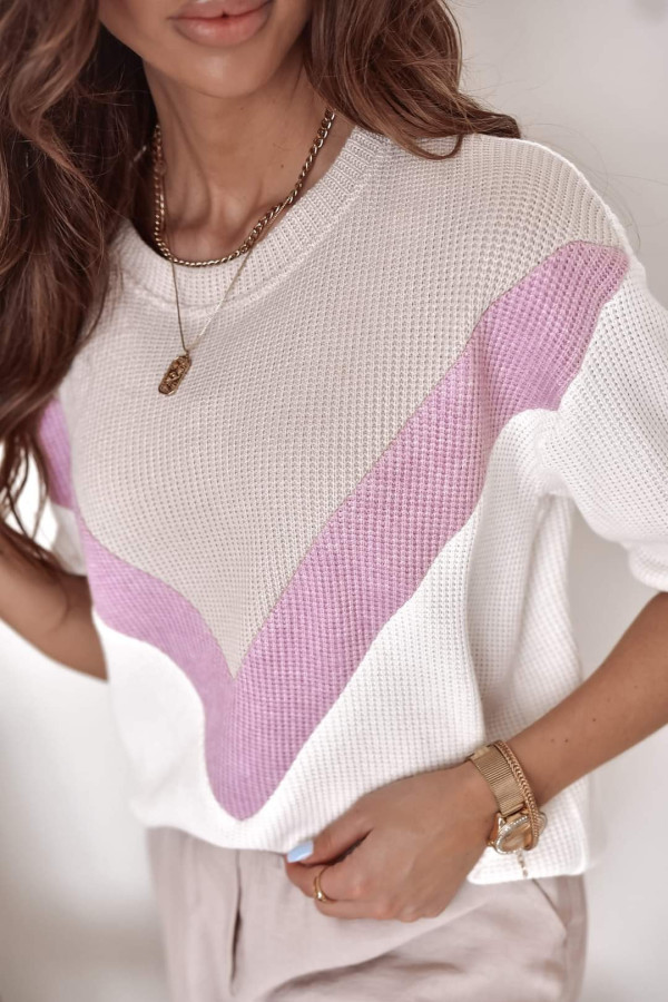 Sweter na krótki rękaw w fioletowo-beżowe wzory Geo 3