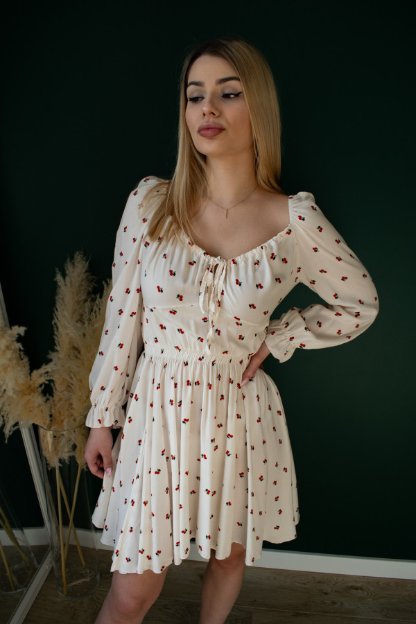 Kremowa sukienka z wiązaniem na dolcie w wisienki Cherry 8