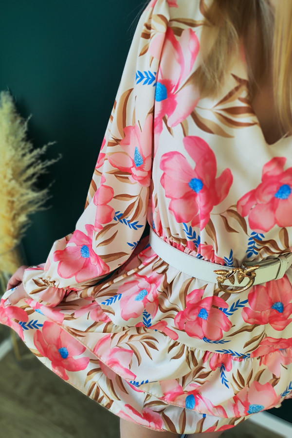 Krótka kremowa oversizowa sukienka w różowe kwiaty z falbaną i dekoltem w serek Flounce 9