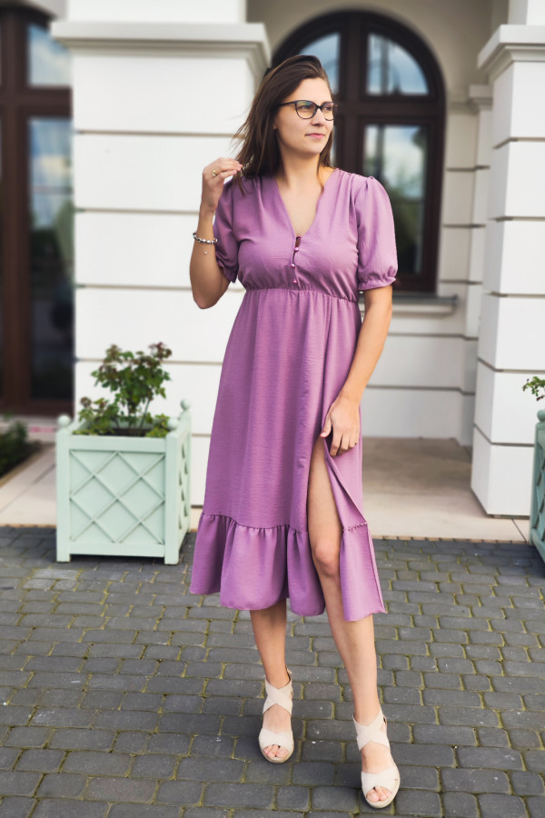 Sukienka fioletowa midi gładka z guziczkami na dekolcie Demi 2