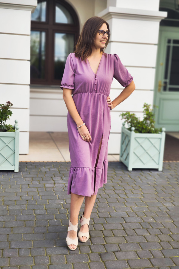 Sukienka fioletowa midi gładka z guziczkami na dekolcie Demi 3