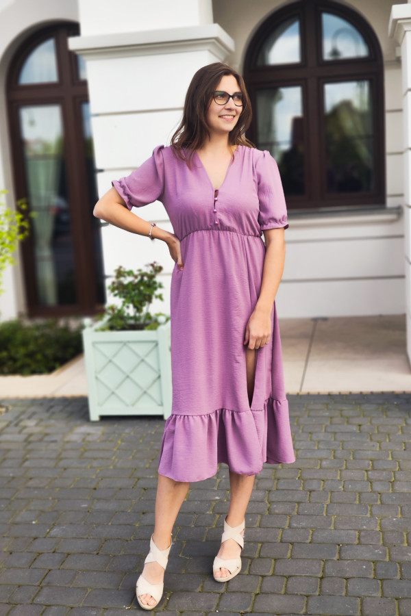 Sukienka fioletowa midi gładka z guziczkami na dekolcie Demi 5