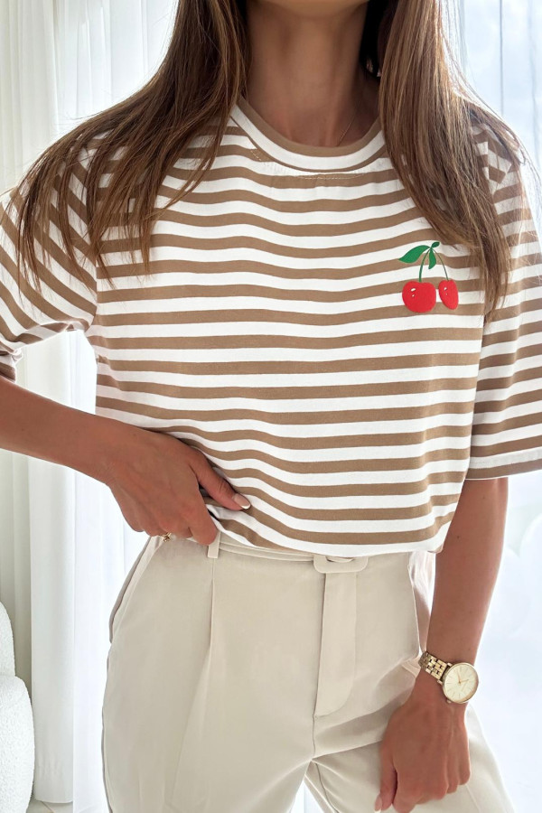 T-shirt w paski z wisienkami Cherry Stripe - beż