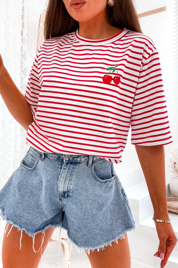 T-shirt w paski z wisienkami Cherry Stripe - czerwony