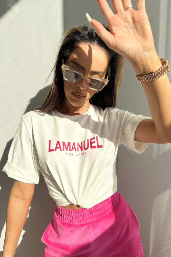 T-shirt kremowy z różowym napisem La Manuel After