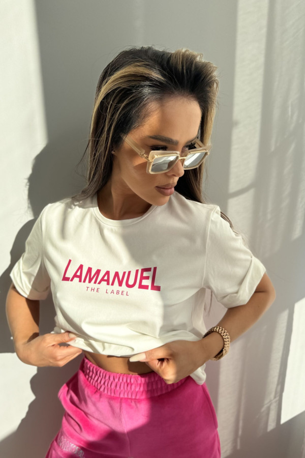 T-shirt kremowy z różowym napisem La Manuel After 1