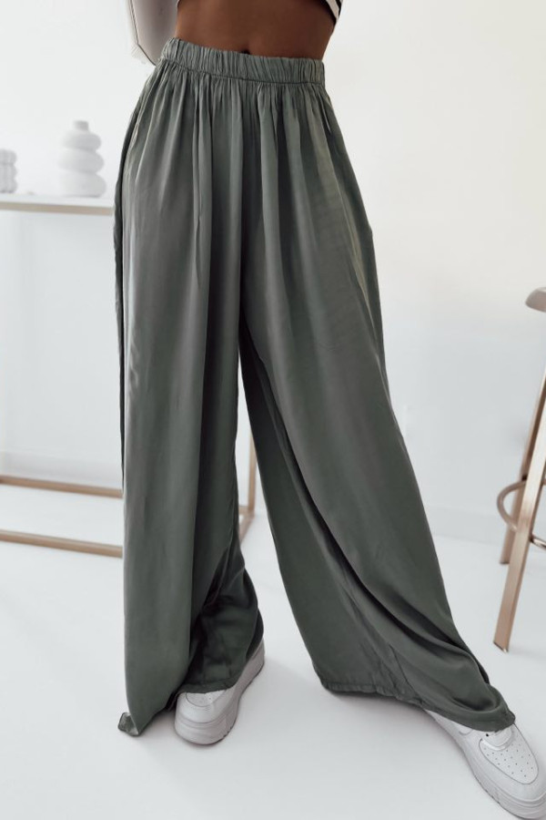 Spodnie khaki zwiewne wiskozowe z szeroką nogawką Sophia 1