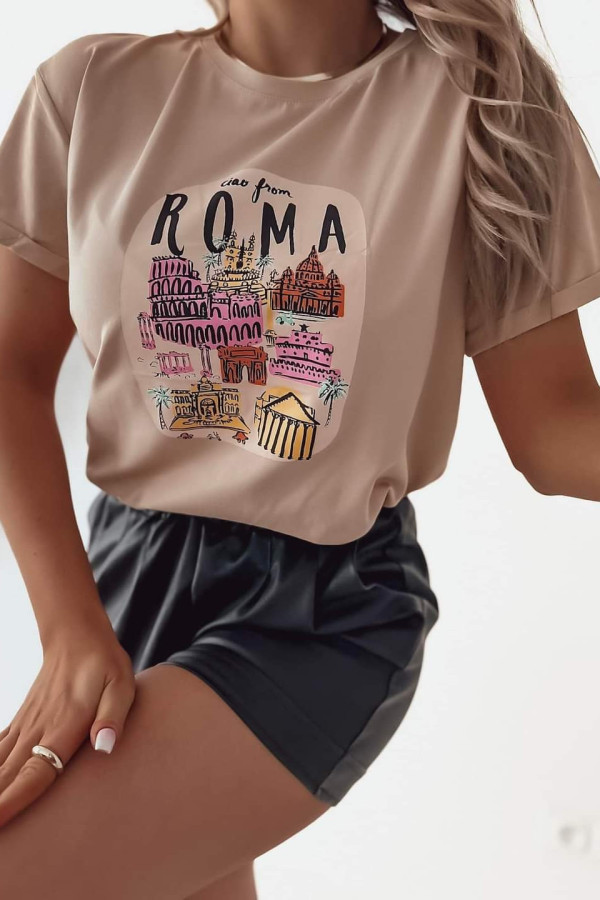 T-shirt beżowy z nadrukiem Roma