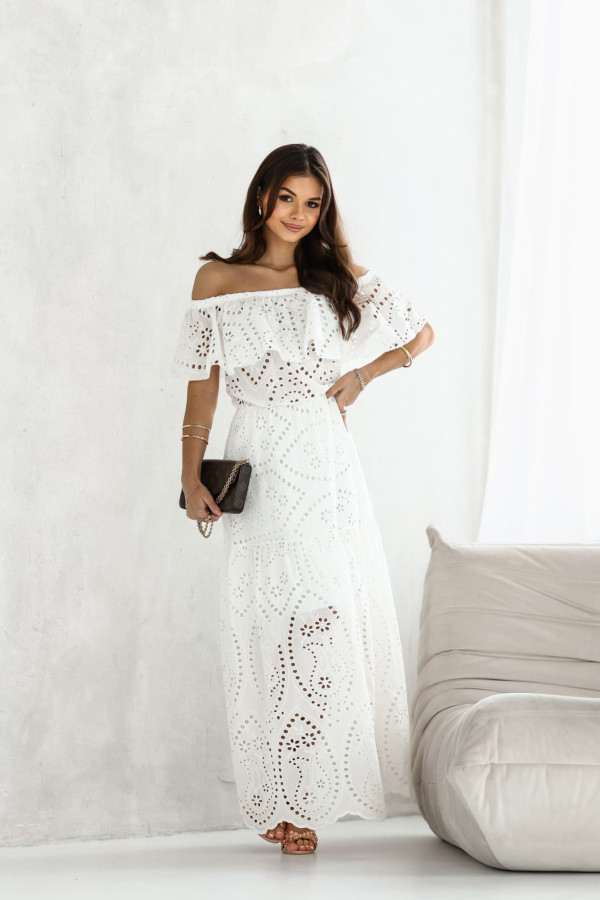 Sukienka maxi biała ażurowa z hiszpańskim dekoltem Felicia