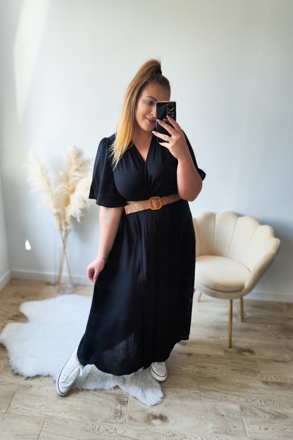 Sukienka wiskozowa czarna maxi z rozcięciem na nogę i paskiem Melissa 9