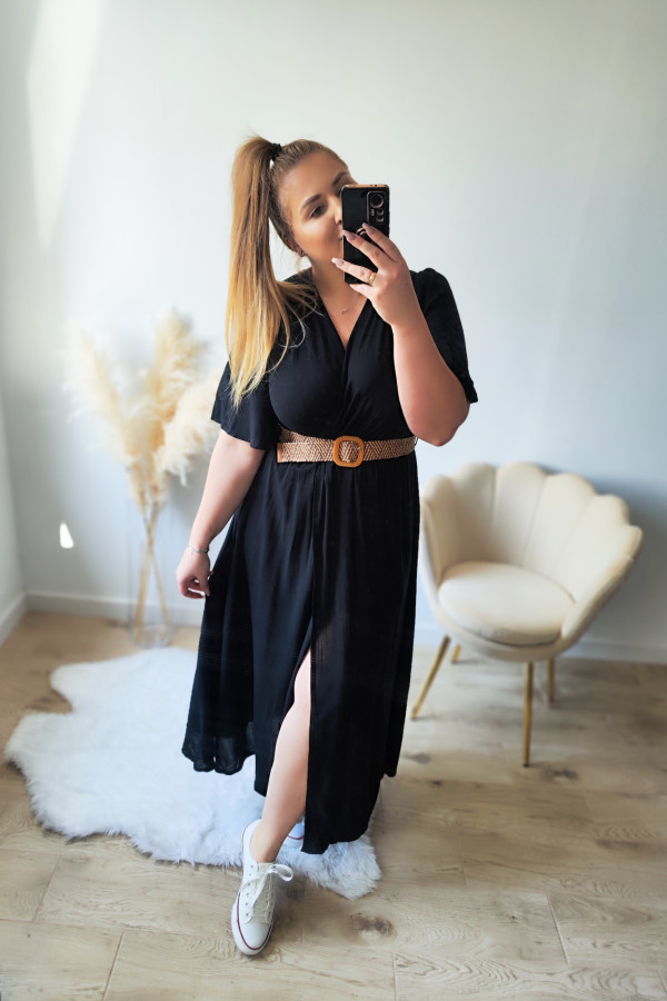 Sukienka wiskozowa czarna maxi z rozcięciem na nogę i paskiem Melissa 3