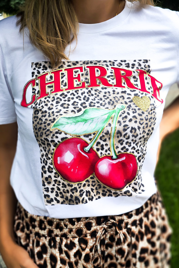 T-shirt biały z panterką i wisienkami Cherries