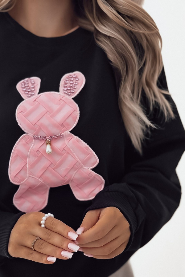 Bluza oversize czarna nieocieplana z różowym plecionym królikiem RABBIT