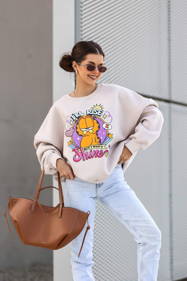 PREORDER Bluza oversize ocieplana z Garfieldem - beż (dostawa 23.10.)