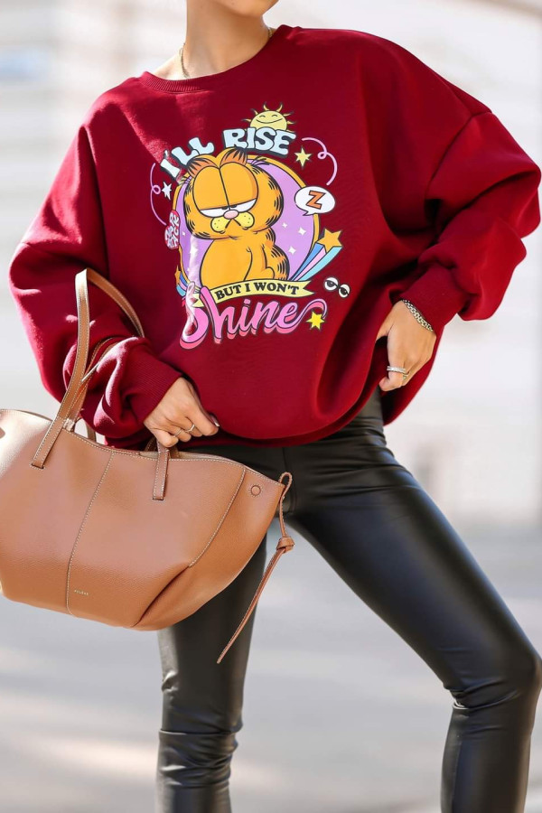 PREORDER Bluza oversize ocieplana z Garfieldem - bordo (dostawa 23.10.) 1