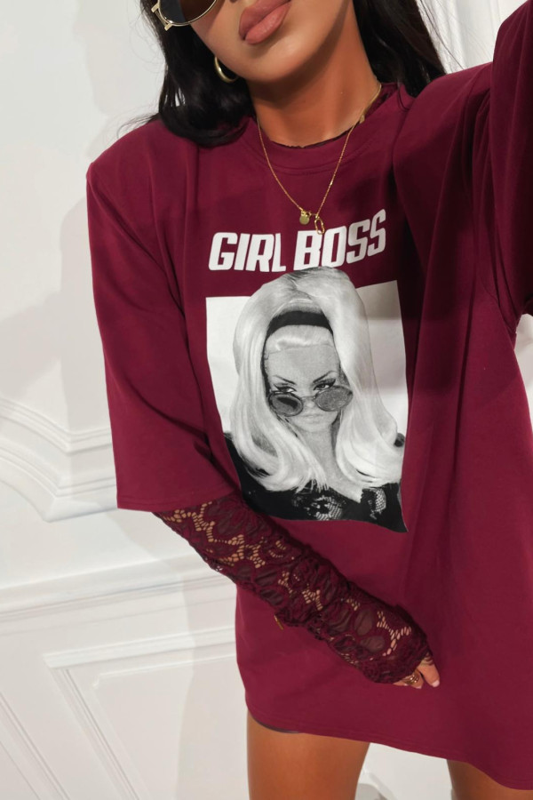 Koszulka bawełniana bordo z nadrukiem Girl Boss 6