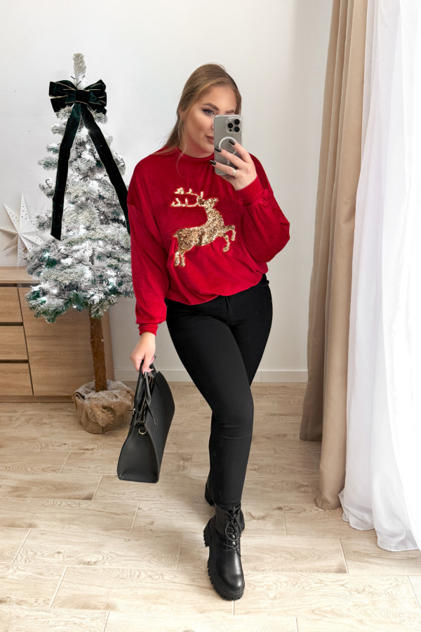 Welurowa czerwona bluza z cekinowym reniferem Reindeer 11