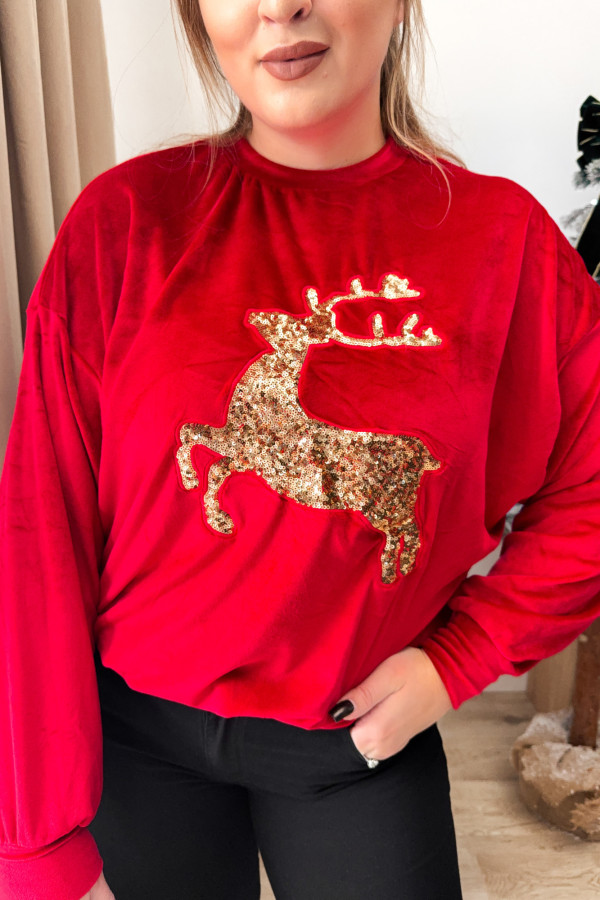 Welurowa czerwona bluza z cekinowym reniferem Reindeer 8