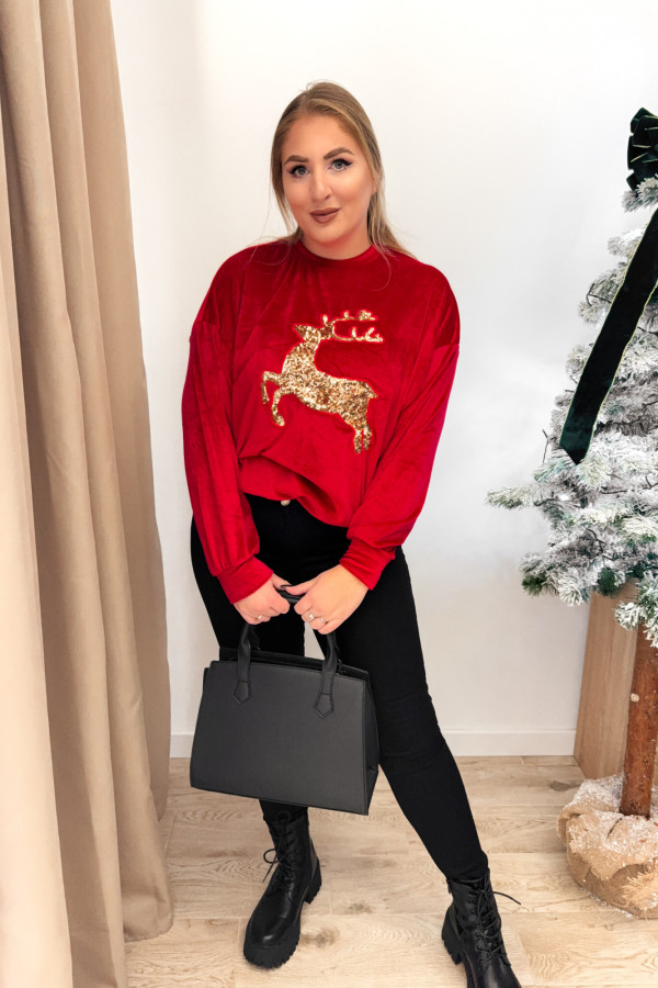 Welurowa czerwona bluza z cekinowym reniferem Reindeer 6