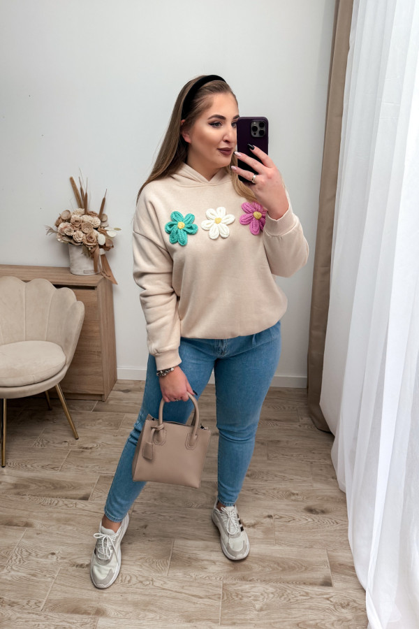 Bluza oversize z kwiatami 3D Beauty Flower - beż 1