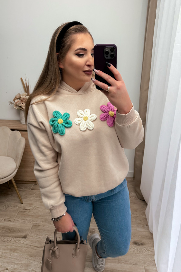 Bluza oversize z kwiatami 3D Beauty Flower - beż 3