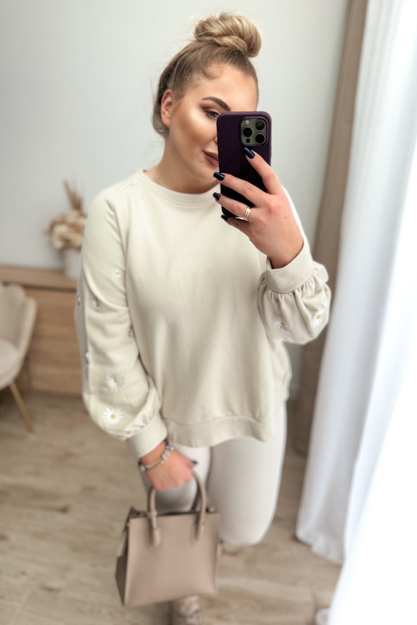 Bluza oversize z kwiatkami na rękawach Issie - beż 4