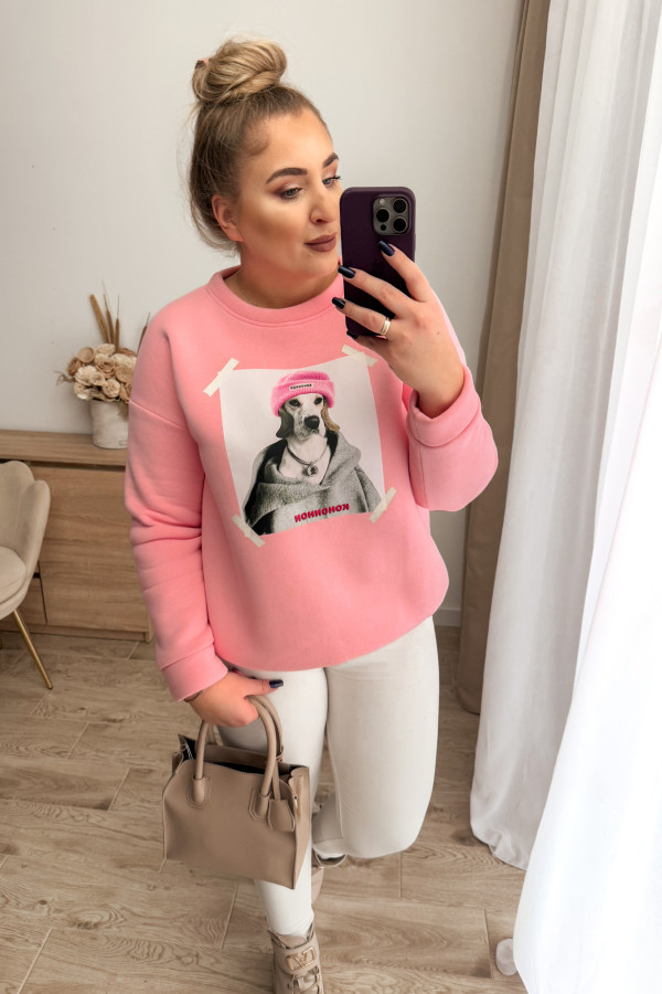 Bluza oversize ocieplana z nadrukiem Sweet Dog - róż 2