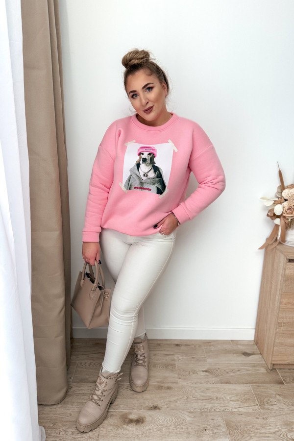 Bluza oversize ocieplana z nadrukiem Sweet Dog - róż 3