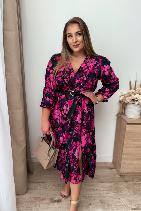 Sukienka czarna w fioletowo-różowe kwiaty z rozcięciem na nogę plus size Brooke 4