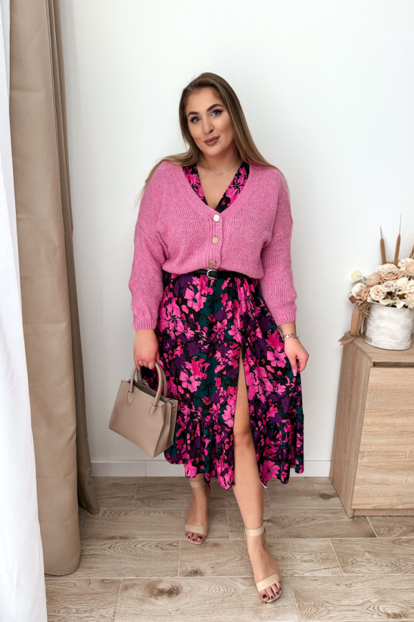 Sukienka czarna w fioletowo-różowe kwiaty z rozcięciem na nogę plus size Brooke 10