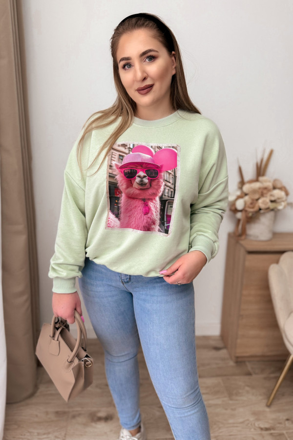 Bluza oversize nieocieplana z Lamą - pistacja