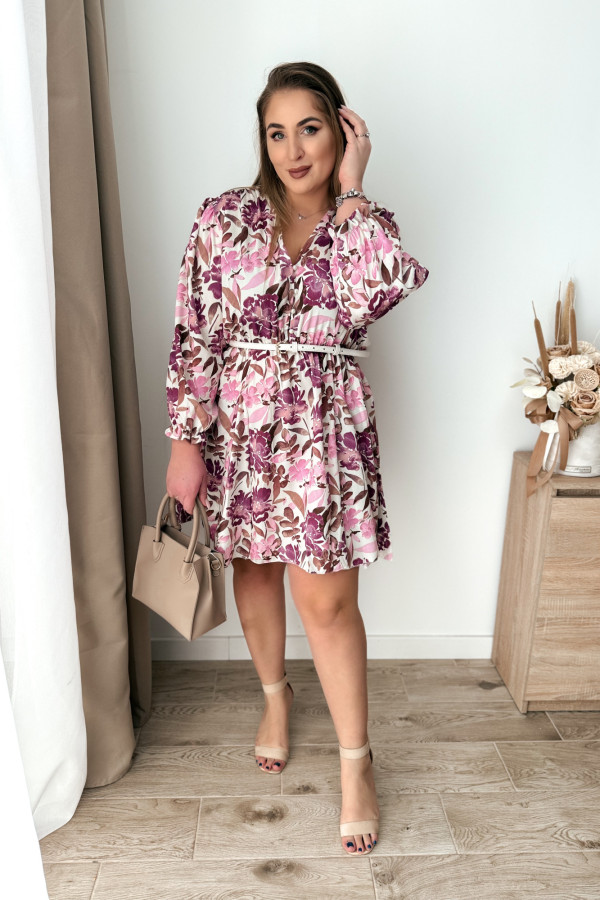 Sukienka krótka plus size w fioletowo-beżowe liście Charlotte mini