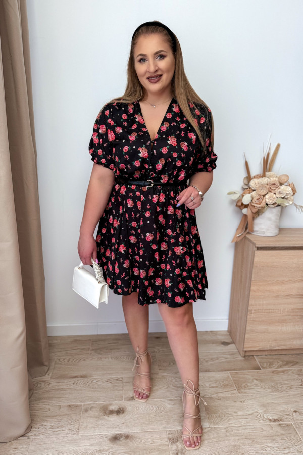 Sukienka krótka plus size czarna w koralowe kwiatki Ruby