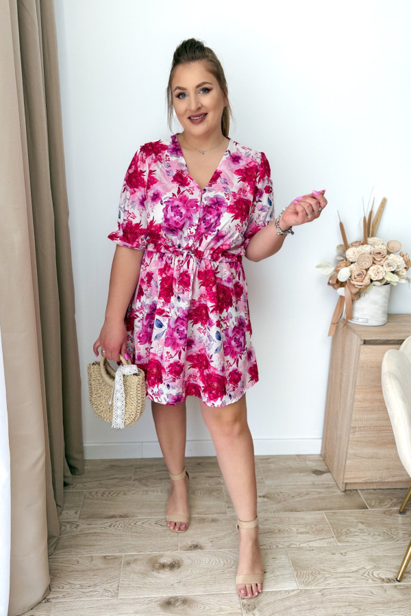 PREORDER Sukienka krótka plus size biała w fuksjowo-fioletowe kwiatki Nola (wysyłka 20-21.05.) 1