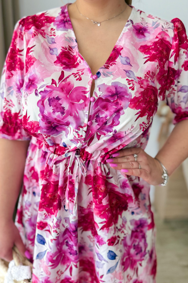 PREORDER Sukienka krótka plus size biała w fuksjowo-fioletowe kwiatki Nola (wysyłka 20-21.05.) 2
