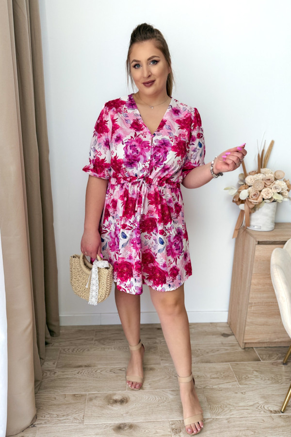 PREORDER Sukienka krótka plus size biała w fuksjowo-fioletowe kwiatki Nola (wysyłka 20-21.05.)
