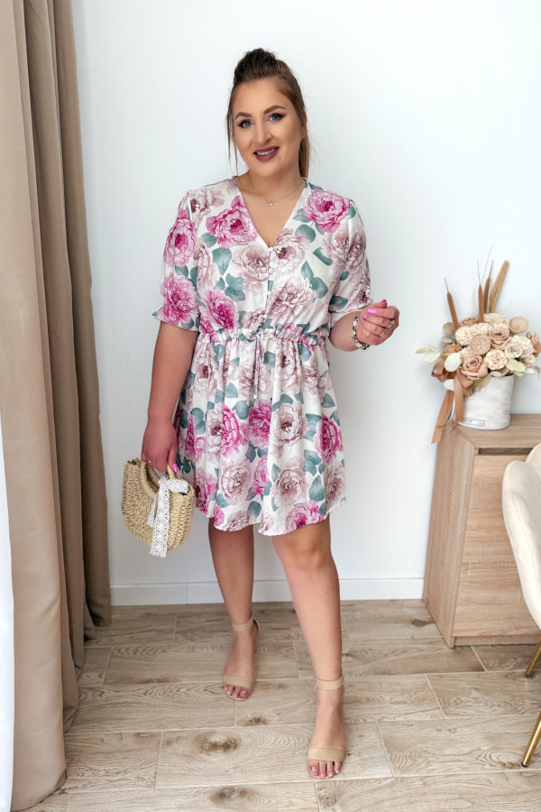 PREORDER Sukienka krótka plus size biała w beżowo-różowe kwiatki Nola (wysyłka 20-21.05.) 4