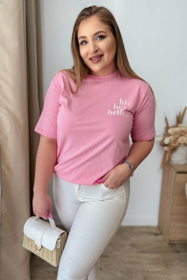Bluzka oversize z nadrukiem Hi Hey Hello - różowa