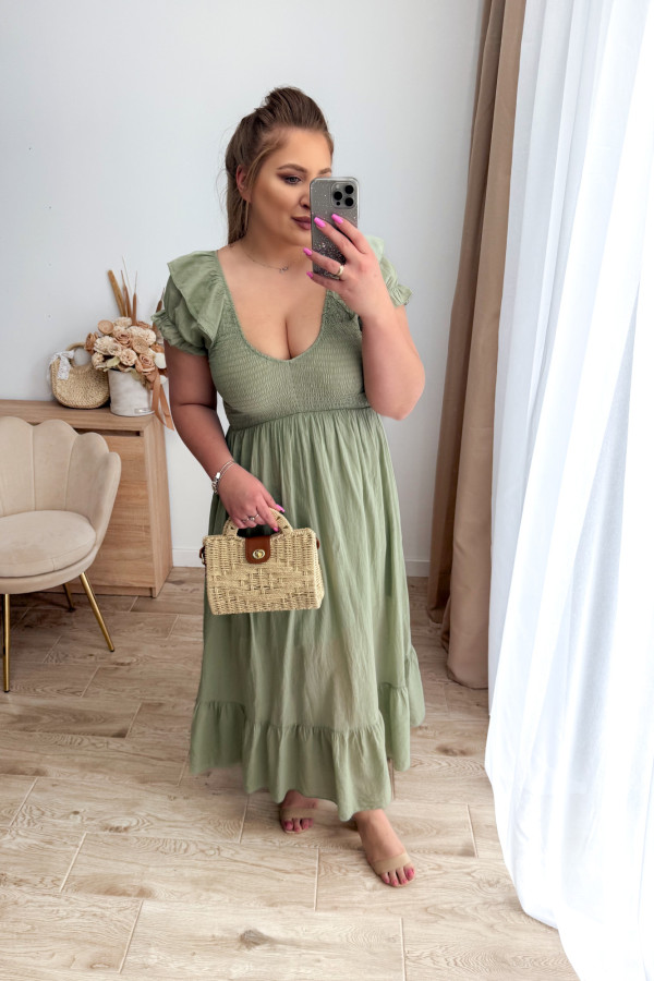 Sukienka maxi z falbanką i gumkami na dekolcie Idylla - matcha 7