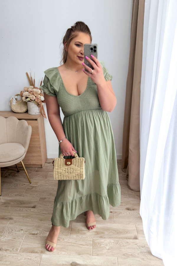 Sukienka maxi z falbanką i gumkami na dekolcie Idylla - matcha 10