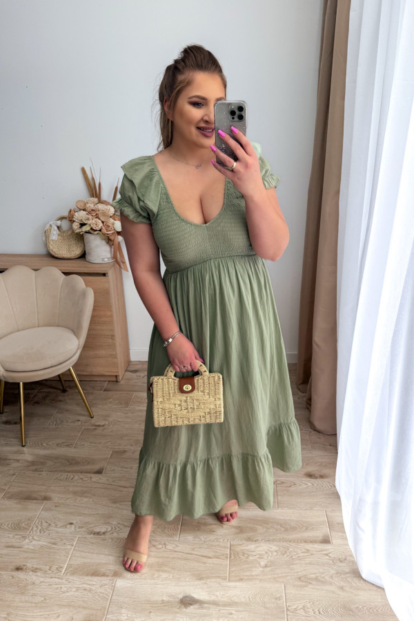 Sukienka maxi z falbanką i gumkami na dekolcie Idylla - matcha 11