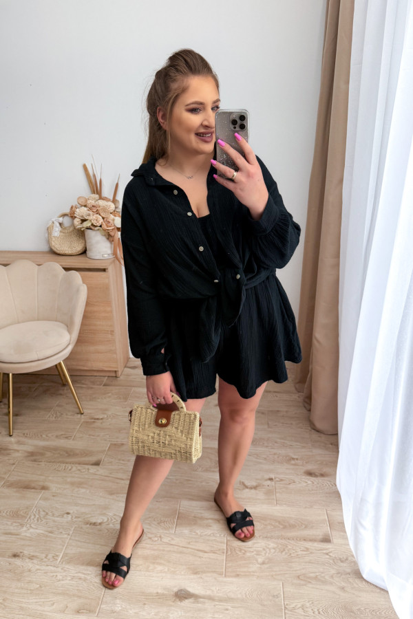 Komplet muślinowy plus size bluzka+koszula+spodenki Fifi - czarny